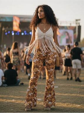 Festival Boho Hippie Retro Floral Flare Bell Bottom Stretch Pull On Pants